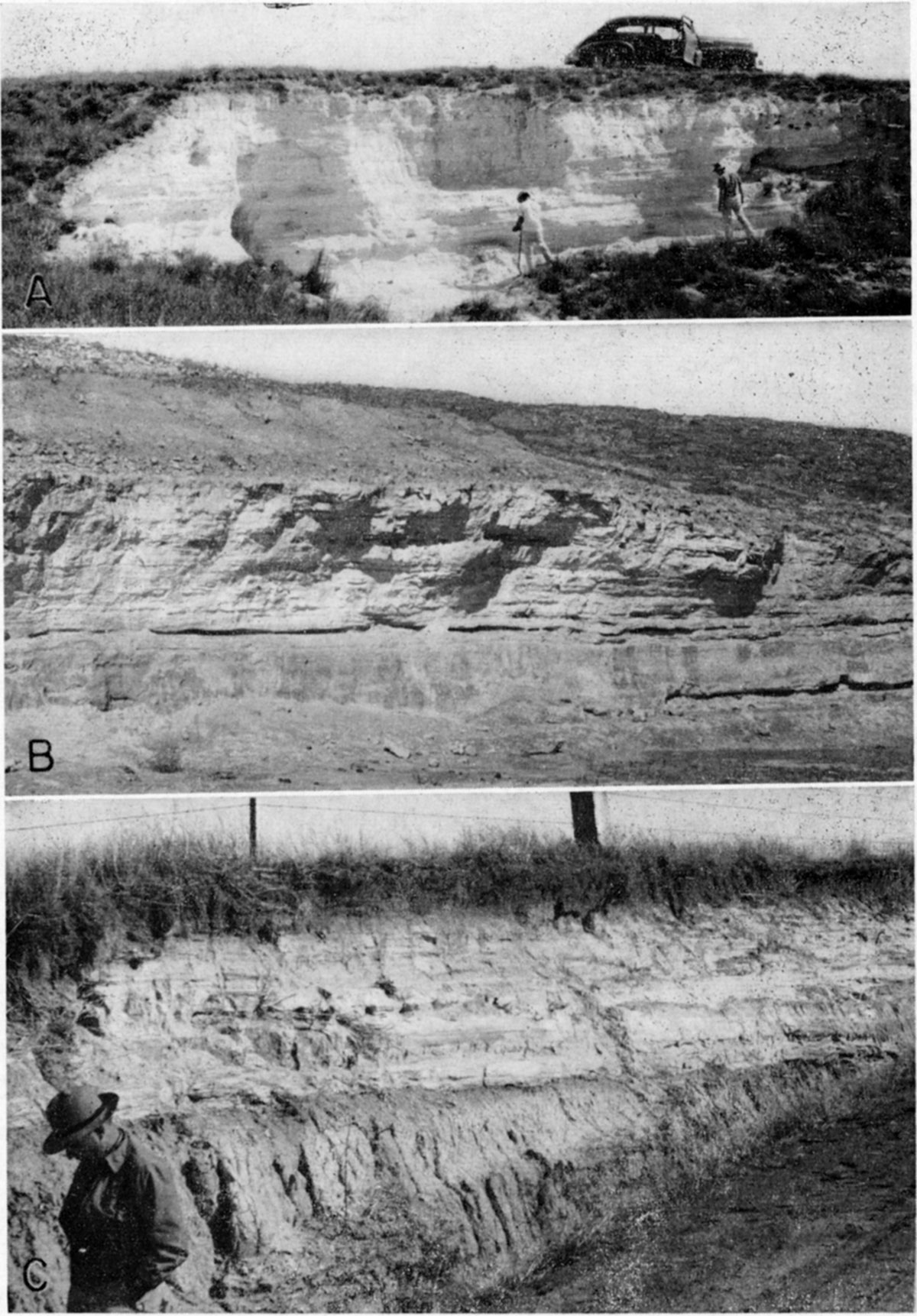 Three black and white photos; bright white pit, 12-15 feet of outcrop, two people for scale; hillside of light gray outcrop; grass-covered outcrop, 7 feet of ash exposed, man for scale