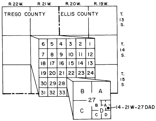 A is NE, B, is NW, C is SW, and D is SE; letters arranged from large to small quarters, where quarter calls are arranged small to large; 27 DAD is SE NE SE 27.