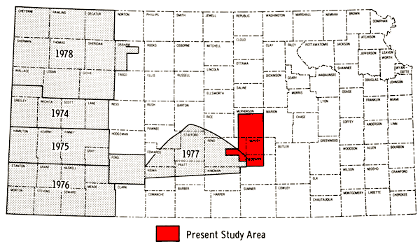 Study area in south-central Kansas; previous reports covered far western counties and along Ark River.