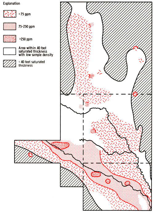 Chloride concentrations plotted in study area; higher values concentrated around Ark River area in south; lower values to north; high patches scattered, with more in south.