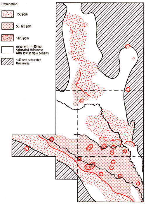 Sulfate concentrations plotted in study area; higher values concentrated around Ark River area in south in Little Ark River in centr; lower values to north.