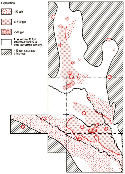 Manganese concentrations plotted in study area; low values south of Ark River and north of Little Ark; higher values between the two rivers.