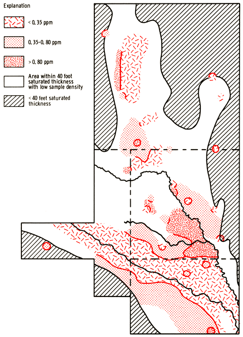 Phosphate concentrations plotted in study area; low values aound Ark River and in north part of study area; highest values around meeting of Kisiwa and Little Ark.