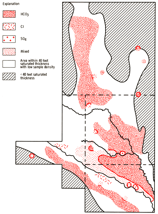 Map shows general category of groundwater type based on anions.
