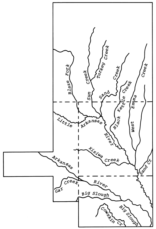 Map shows little Arkansas and Arkansas rivers and the smaller streams and creeks that are part of their networks.