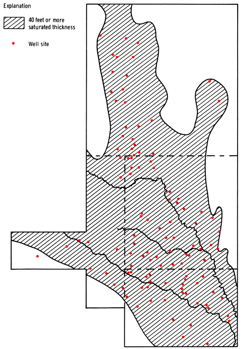 Well locations scattered throughout study area, primarily in central zone where saturated thickness is 40 feet or more.