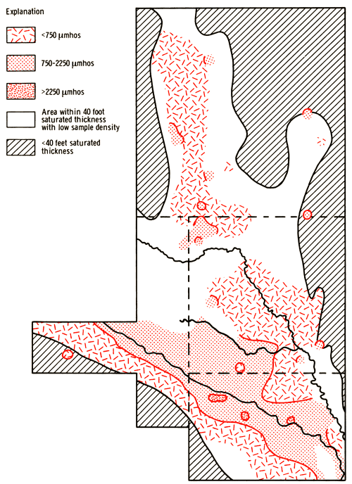 Specific conductance plotted in study area; lower values generally to south, but very high values found in small patches throughout study area.