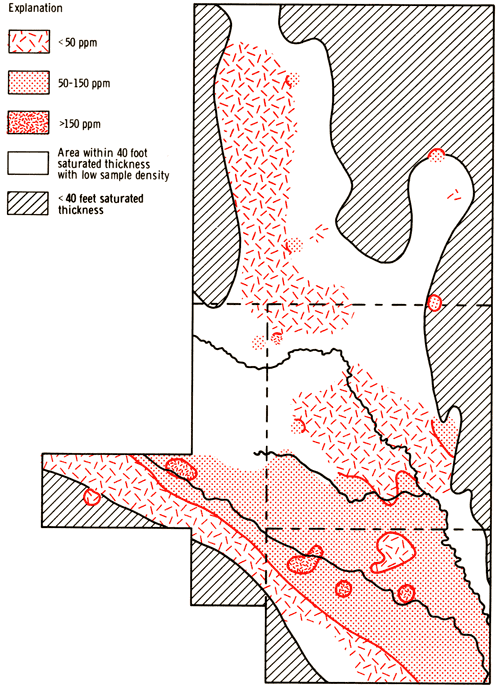 Sodium concentrations plotted in study area; higher values around Ark River area in south; lower values to north.