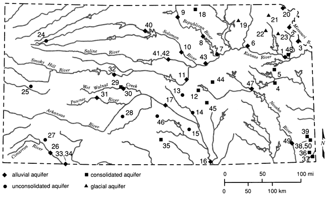 Sampling sites plotted against streams and rivers of Kansas.