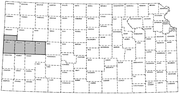 Study area in western Kansas covers Greeley, Wichita, Scott, and Lane counties, and the southern part of Wallace.