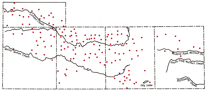 Irrigation wells scattered throughout the study area; Ladder and White Woman creeks in center and west of area; Middle Fork Walnut, South Fork Walnut, and Hackberry creeks in far east of area.