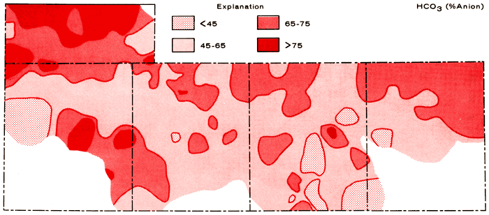 HCO3 (as % anion) highs in southern Wallace, central and eastern Greeley, small area in central Scott.