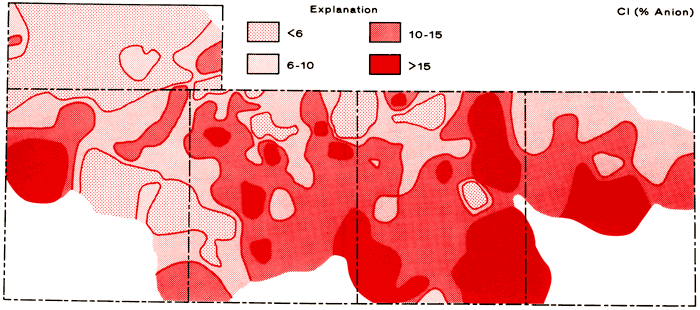 Cl (as % anion) highs in western Greeley, small areas throughout Wichita, southern and eastern Scott, and central Lane.