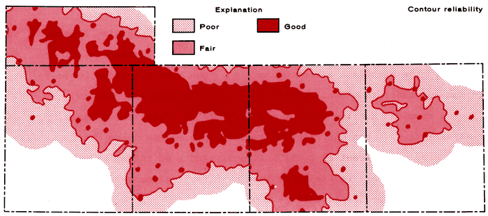 Reliability highest in central study area, fair in surrounding areas and in east; poor (or undefined) elsewhere, especially near outside borders.