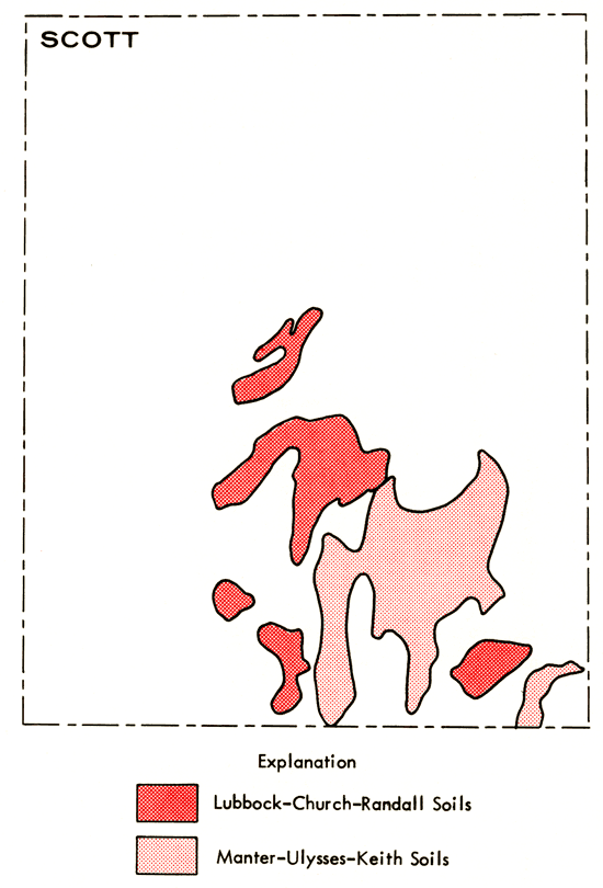 Lubbock-Church-Randall soils in center, south-center Scott Co (small bit in SE); Manter-Ulysses-Keith soils in SE.