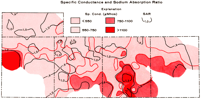 Specific Conductance and SAR create similar patterns on map; highest in south-central Scott and far western Greeley counties; lowest in southern Wallace, northern parts of  Greeley, Wichita, Scott, and Lane.