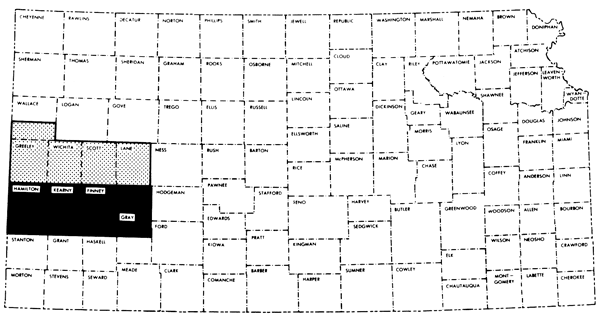 Study area in far western Kansas covering Hamilton. Kearly, Finney, and Gray counties; previous report from 1974 covered Greeley, Wichita, Scott, and Lane counties.