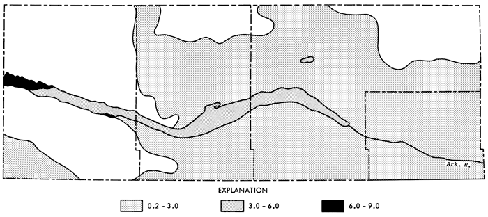 Sodium adsorption ratios high only in far wester part of study area online Ark River; medium along rest of river; low elswhere.