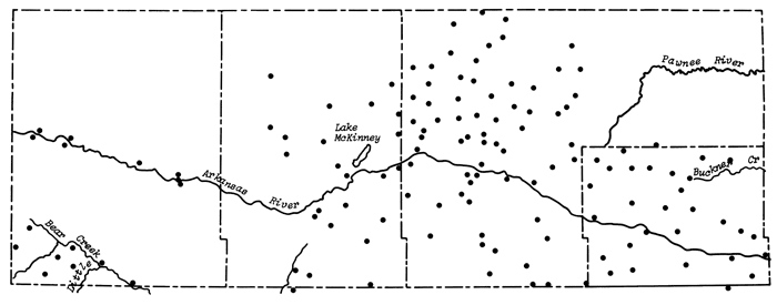 Irrigation wells shown in study area; many along Ark River; many wells away from river in Finney and Gray counties.