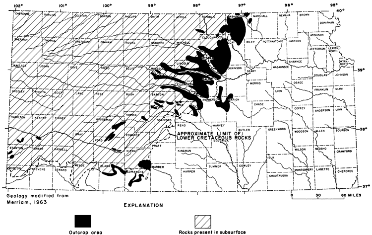 Map of Kansas; Cretaceous rocks crop out in band from Washington down to Clark and Comanche; in subsurface to west of that line.
