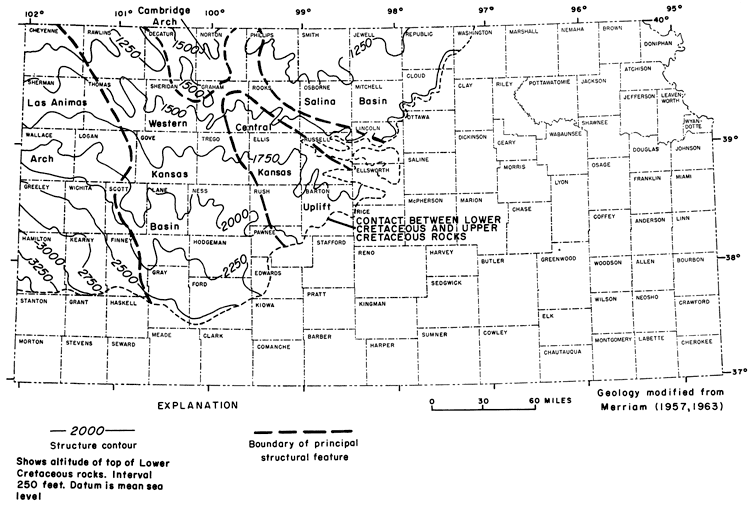 Map of Kansas; boundary between upper and lower rocks is a line from Washington and Cloud counties southwest to Edwards and Ford counties, then west to southern Hamilton.
