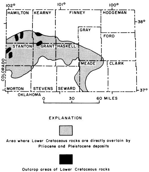 Area covers all of Stanton Co. and aprts of Hamilton, Kearny, Morton, Grant, Haskell, Gray, and Meade; outcrops in Hamilton, Stanton, Kearny, and Grant.