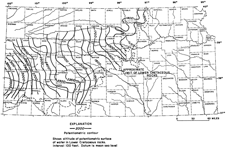 Map of Kansas; surface is about 1300 ft above sea level in Washington, Cloud, Ottawa, and Saline; rises to 3300 in Greeley, Hamilton, and Stanton.