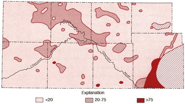 Large zone in Meade are greater than 75; scattered areas of 20-75; most areas south and west are less than 20.