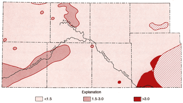 SAR value more than 3 in Meade Co.; small areas of 1.5-3 along Cimarron R.; most areas less than 1.5.