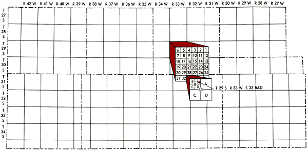 Letter designation go from largest to smallest while quarter calls go from smallest to largest; thus 33bad (a = NE, b = NW, c = SW, d = SE) is written as SE NE NW sec. 33.