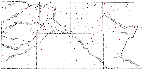 Wells scattered throughout study area, though density higher in northern tier of counties.