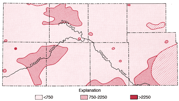 Small area of greater than 2250 in Morton Co.; most areas less than 750.