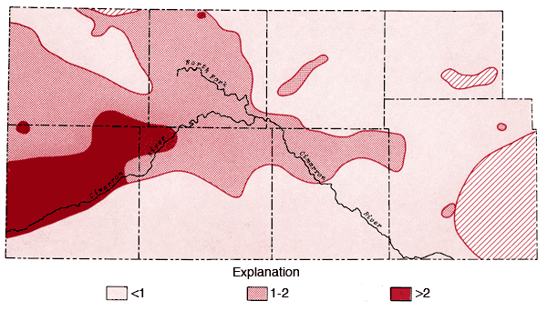 Area along Cimarron R in west at greater than 2; buffer of 1-2 around that zone, and rest is less than 1.