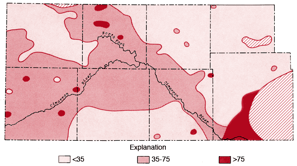 Most areas along Cimarron R. are 35-75; small zones in west and zone in Meade are greater than 75.