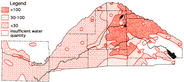 Chloride mostly less than 30 ppm in most of area; 100 or more in eastern third, and a small part of Ford Co.