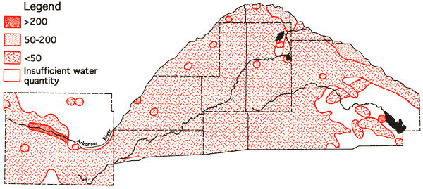 Sulfate mostly less than 50 ppm in most of area; 200 or more in a small part of Ford Co.