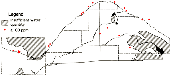 Calcium content high in samples along Ark river and streams.