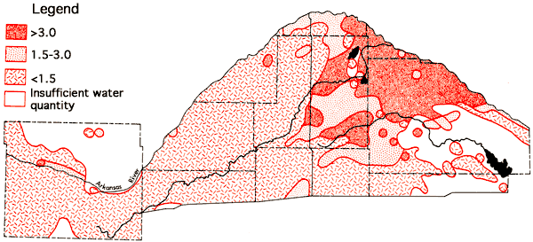 SAR less than 1.5 in west and center areas; higher than 3 in northeast area.