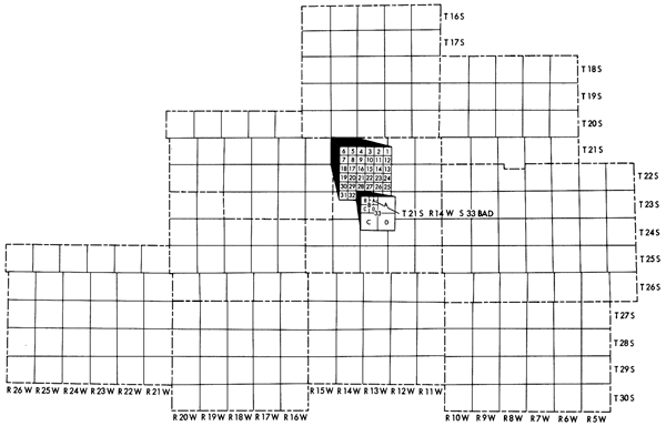 Letter designation go from largest to smallest while quarter calls go from smallest to largest; thus 33bad (a = NE, b = NW, c = SW, d = SE) is written as SE NE NW sec. 33.