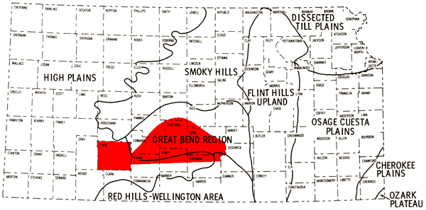 Study area mostly in Great Bend region (Arkansas River lowlands physiographic province) and in High Plains physiographic province.