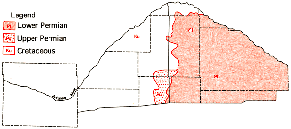 Lower Permian in eastern part of study area; Cretaceous in western half; small part of Upper Permian in south-central part of study area.