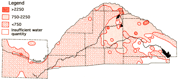 Spec. cond. less than 750 micro mhos for most of study area; small areas of 750-2250 (mostly in east); a few greater than 2250.