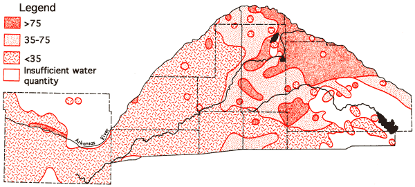 Sodium mostly less than 35 ppm in most of area; 75 or more in eastern third, and a small part of Ford Co.