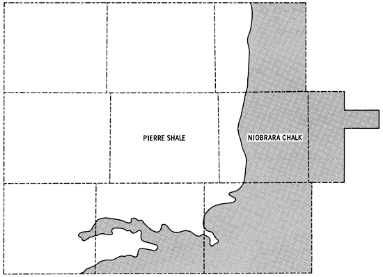 Pierre Shale in western two thirds of study area; Niobrara Chalk to east.