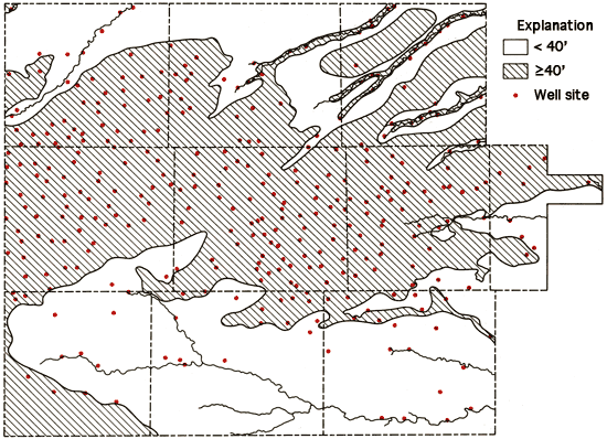 Wells mostly located in areas where saturated thickness 40 feet or more.