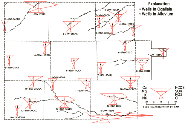 Stiff diagrams overlain on map of wells.