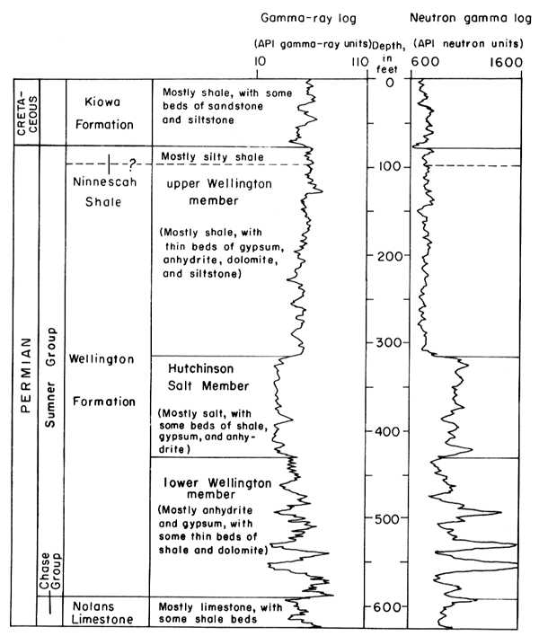 Top to bottom--Kiowa Fm, Ninnescah Sh, Wellington Fm (upper Wellington, Hutchinson Salt, lower Wellington), then Nolans Ls.