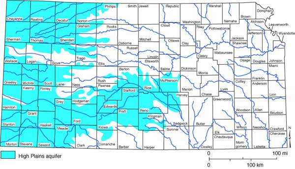 Map of Kansas showing outline of High Plains aquifer.