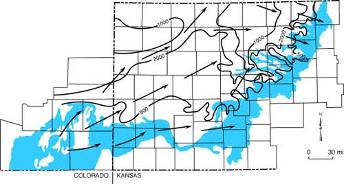 Map of eastern Colorado and western Kansas showing direction of ground-water flow in the Dakota aquifer.