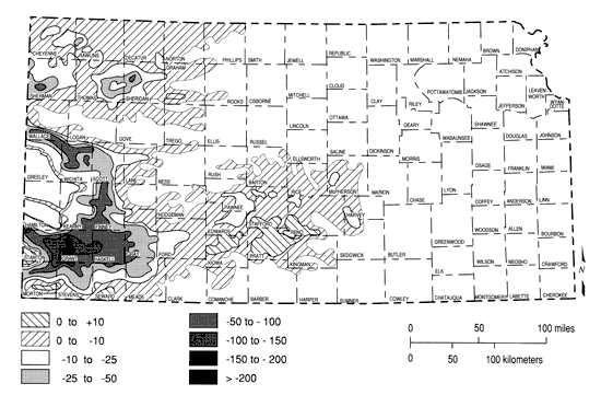 Map showing changes in ground water elevations in High Plains aquifer; drops of 100 ft or more in Stanton, Grant, and Haskell